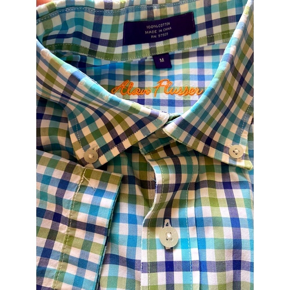 Alan Flusser Mens Gingham Short Sleeve Button Down Shirt Blue Green White Size M